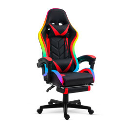 Scaun Gamer cu LED RGB – cu Perna, Cotiere – Negru/Rosu