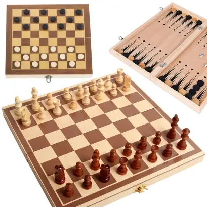 Joc 3 in 1, Sah, Table si Dame - Lemn, 30 x 30 cm