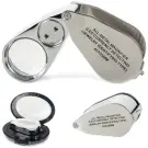 Lupă de buzunar jubiliară cu mărire 40x, LED și lumină UV, din aluminiu, culoare argintie