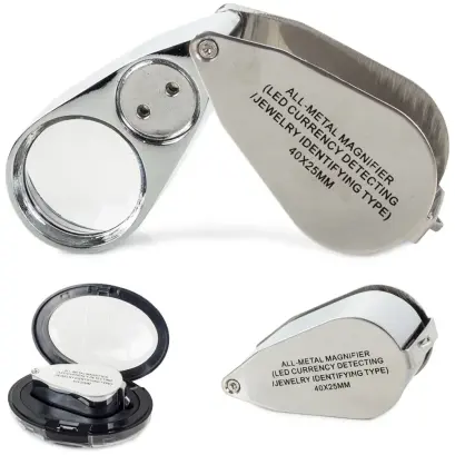 Lupă de buzunar jubiliară cu mărire 40x, LED și lumină UV, din aluminiu, culoare argintie