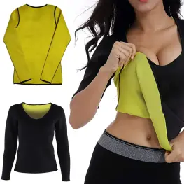 Tricou de fitness neopren pentru femei cu mâneci lungi, efect de slăbire, negru, mărimea M