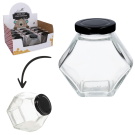 Borcan Hexagonal din Sticlă cu Capac – 180 ml pentru Miere, Dulceață și Condimente
