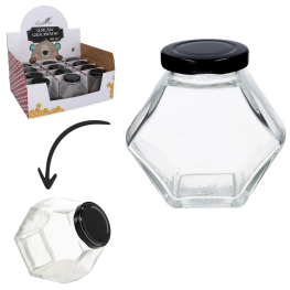 Borcan Hexagonal din Sticlă cu Capac – 180 ml pentru Miere, Dulceață și Condimente