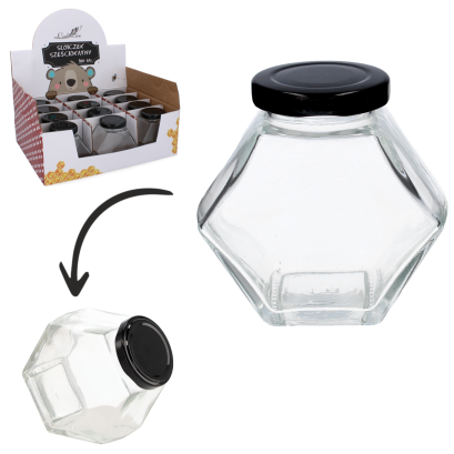 Borcan Hexagonal din Sticlă cu Capac – 180 ml pentru Miere, Dulceață și Condimente